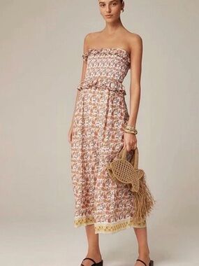 J. Crew Strapless Ravenna Floral Midi Dress in Beige and White